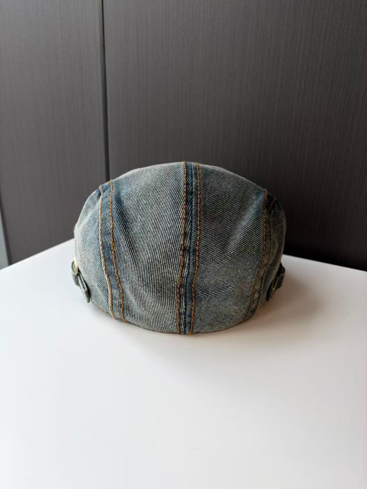 Light Blue Denim Newsboy Cap with Brown Trim