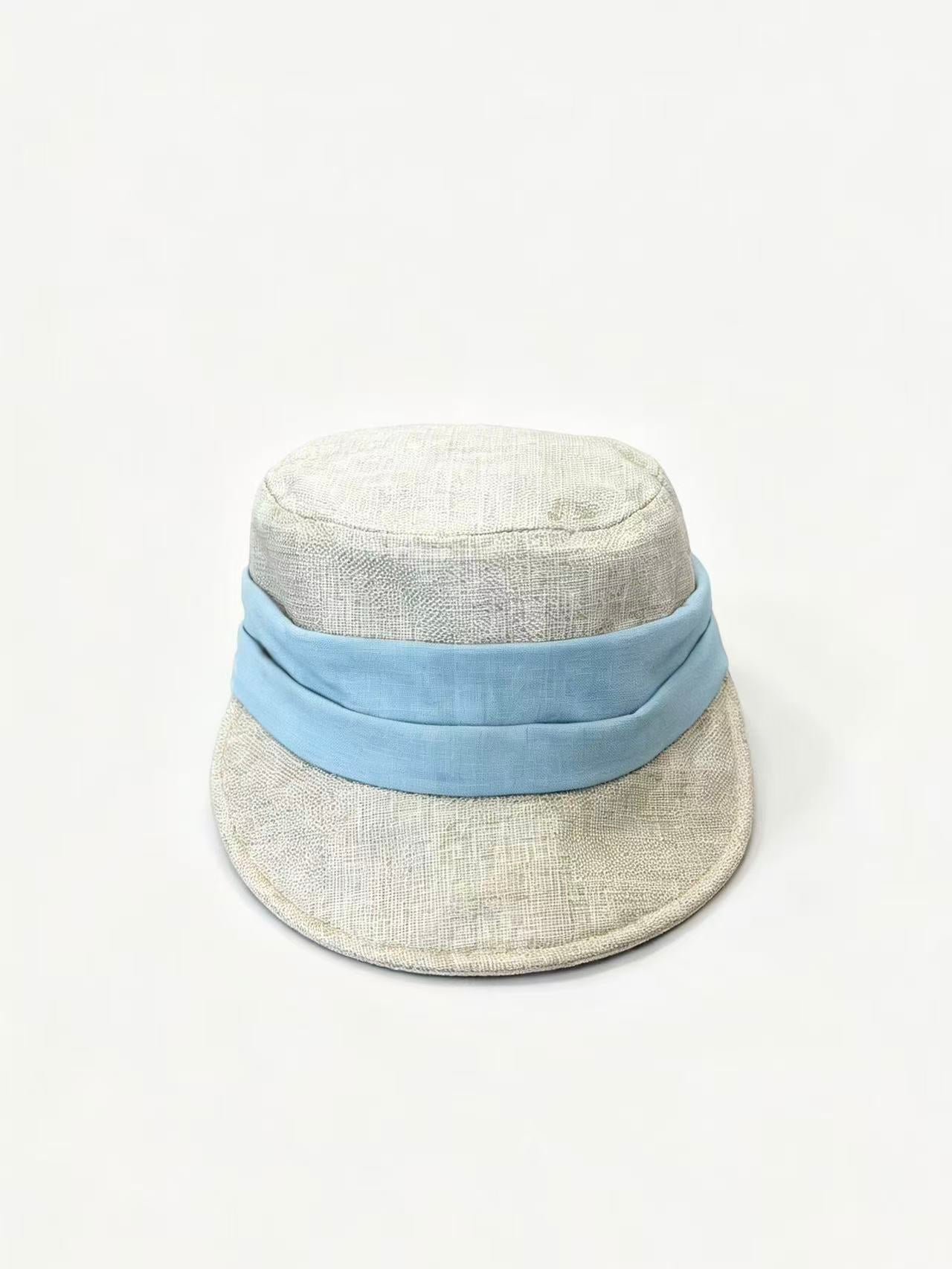 Beige Linen Bucket Hat with Light Blue Band