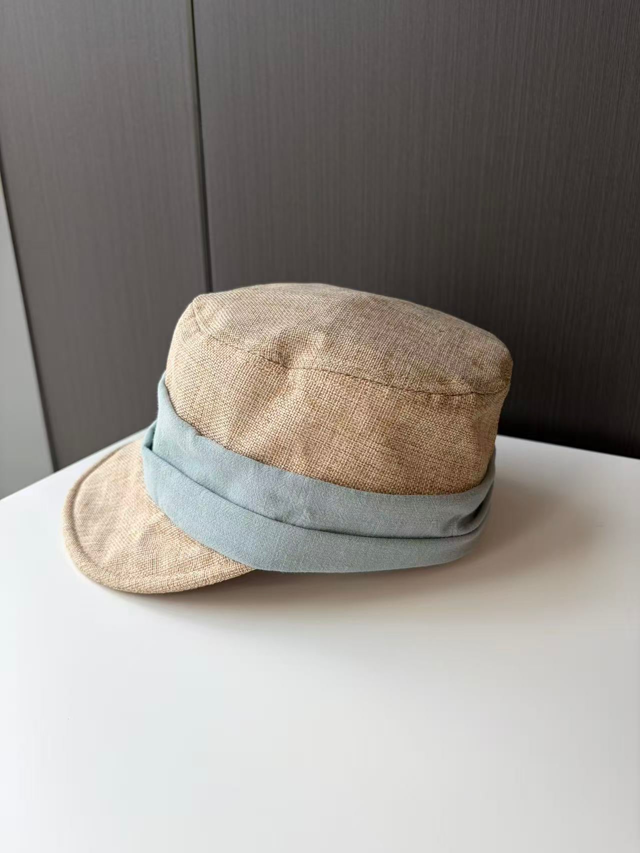 Beige Linen Bucket Hat with Light Blue Band