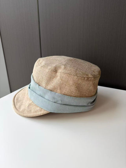 Beige Linen Bucket Hat with Light Blue Band