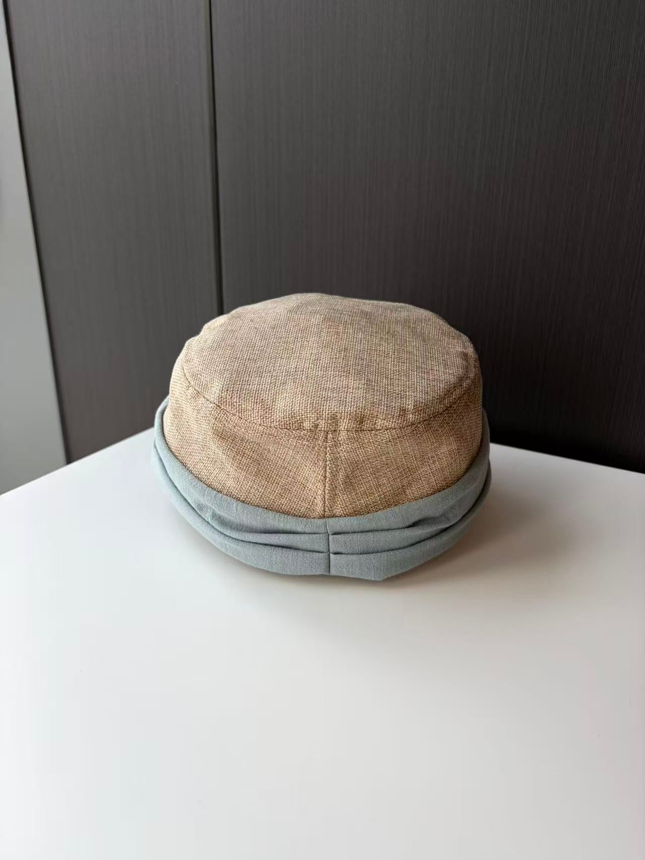 Beige Linen Bucket Hat with Light Blue Band