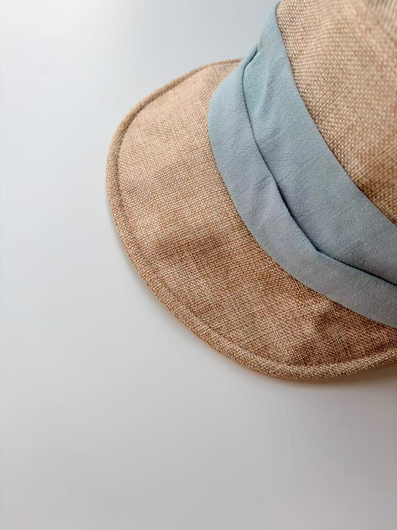Beige Linen Bucket Hat with Light Blue Band