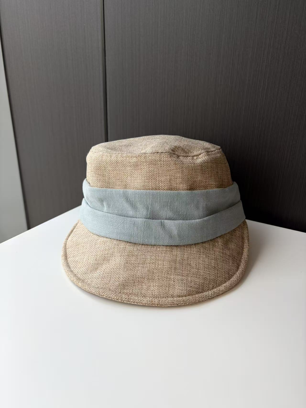 Beige Linen Bucket Hat with Light Blue Band