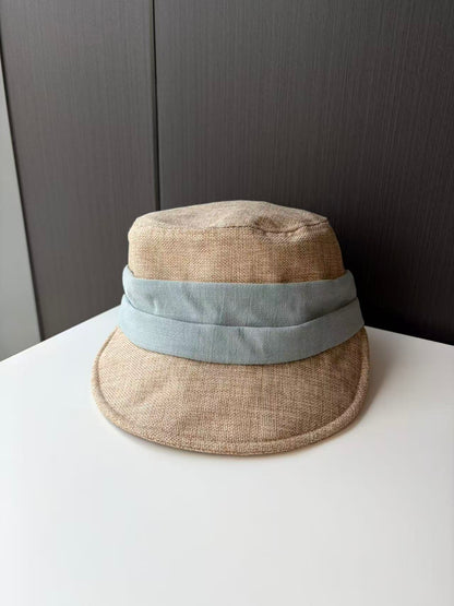 Beige Linen Bucket Hat with Light Blue Band