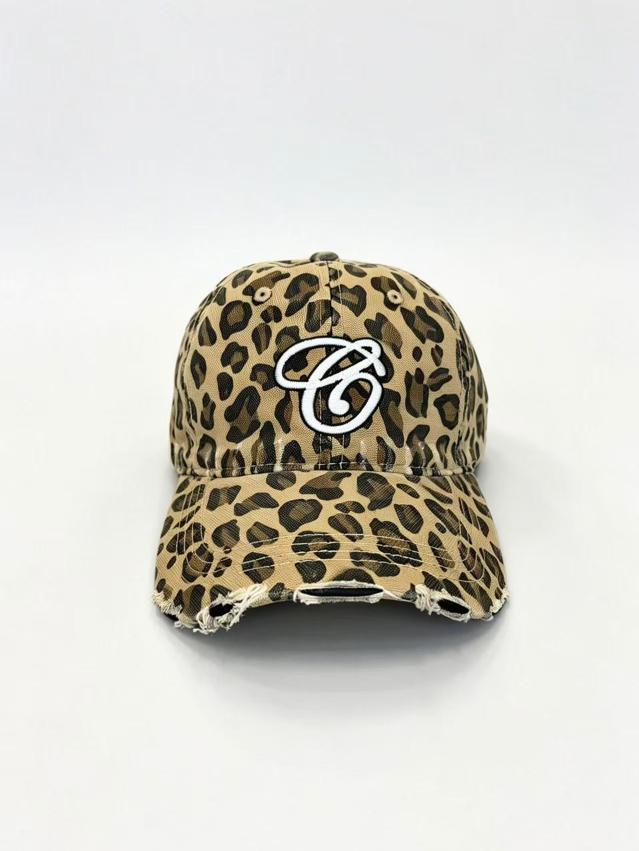 Leopard Print Distressed Baseball Cap with Embroidered Logo