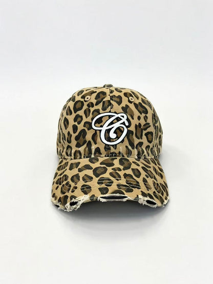 Leopard Print Distressed Baseball Cap with Embroidered Logo