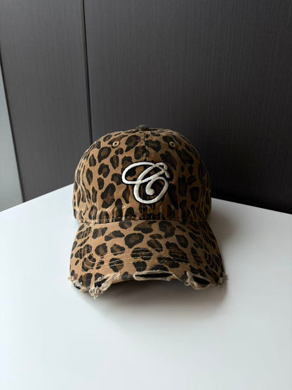 Leopard Print Distressed Baseball Cap with Embroidered Logo