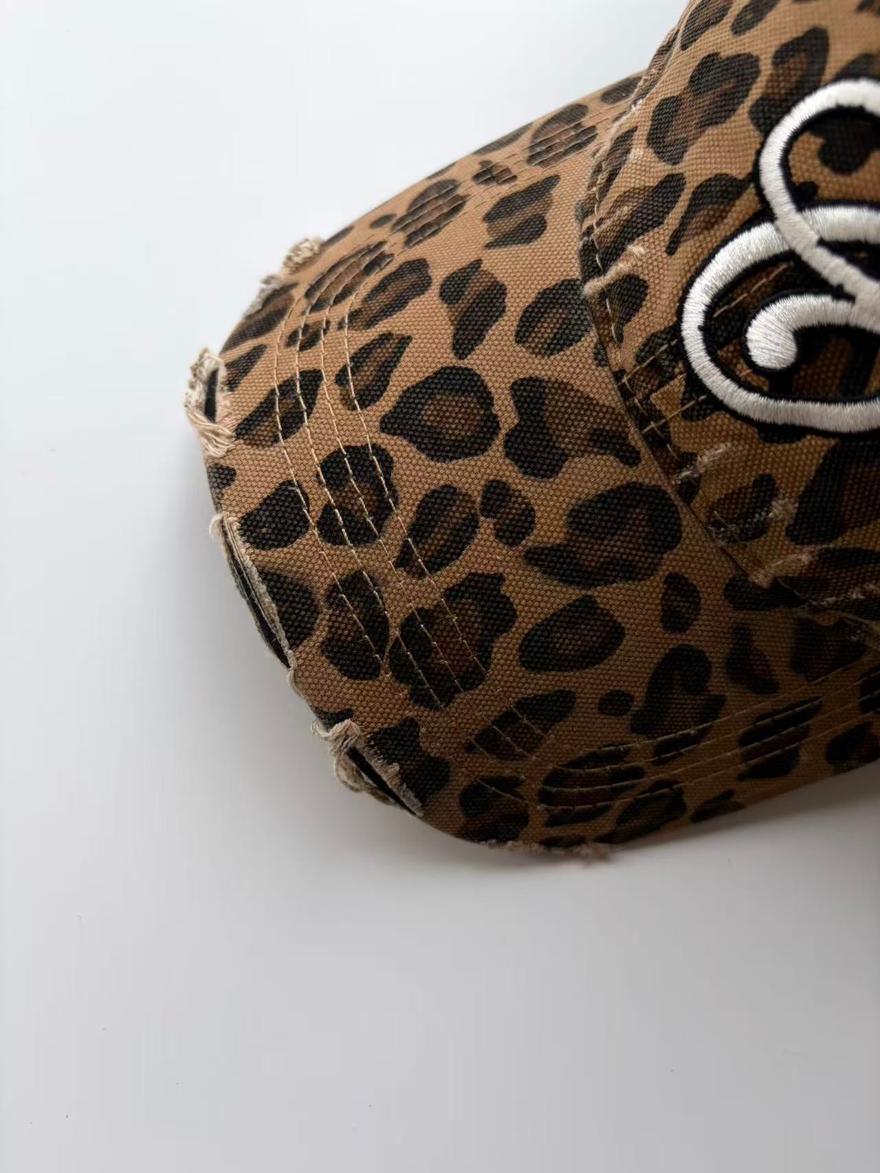 Leopard Print Distressed Baseball Cap with Embroidered Logo