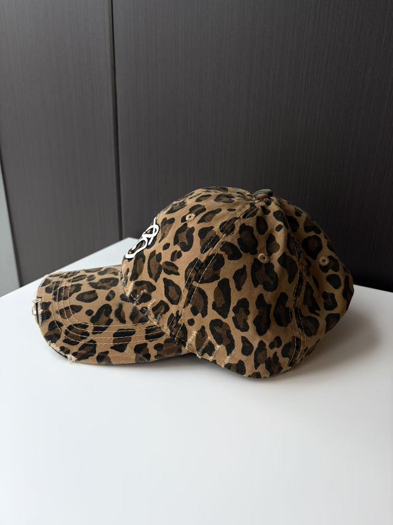 Leopard Print Distressed Baseball Cap with Embroidered Logo