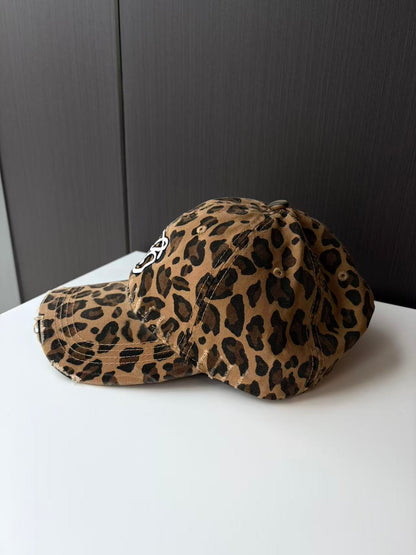 Leopard Print Distressed Baseball Cap with Embroidered Logo