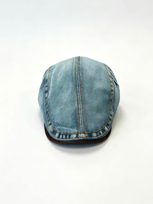 Light Blue Denim Newsboy Cap with Brown Trim