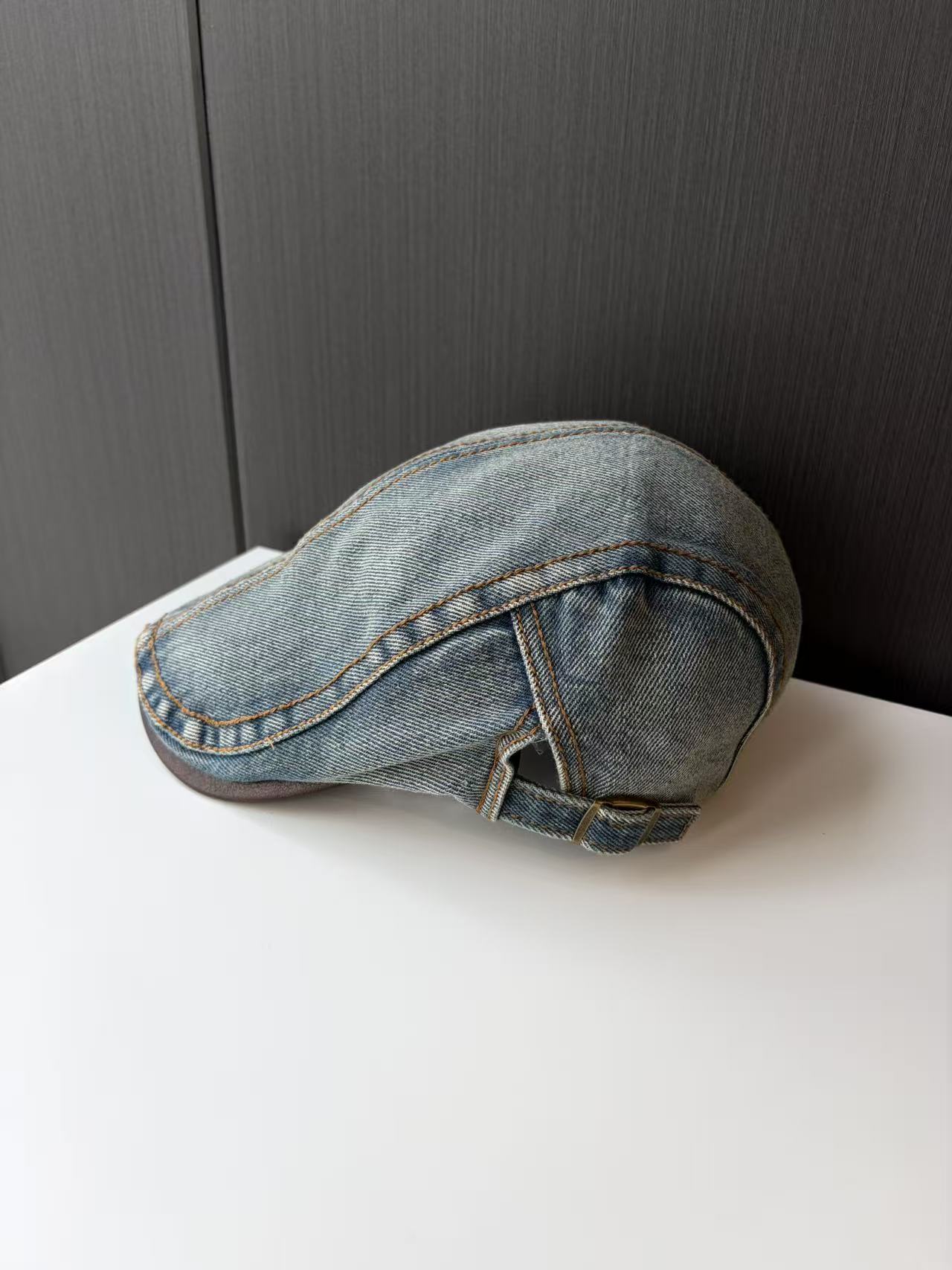 Light Blue Denim Newsboy Cap with Brown Trim