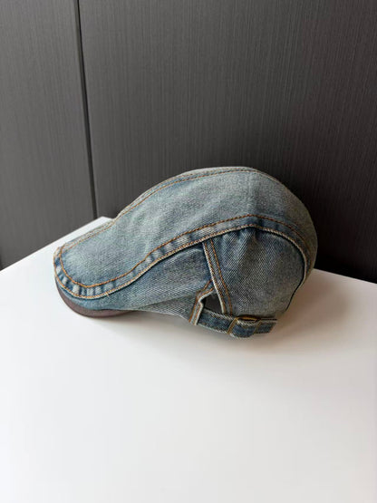 Light Blue Denim Newsboy Cap with Brown Trim