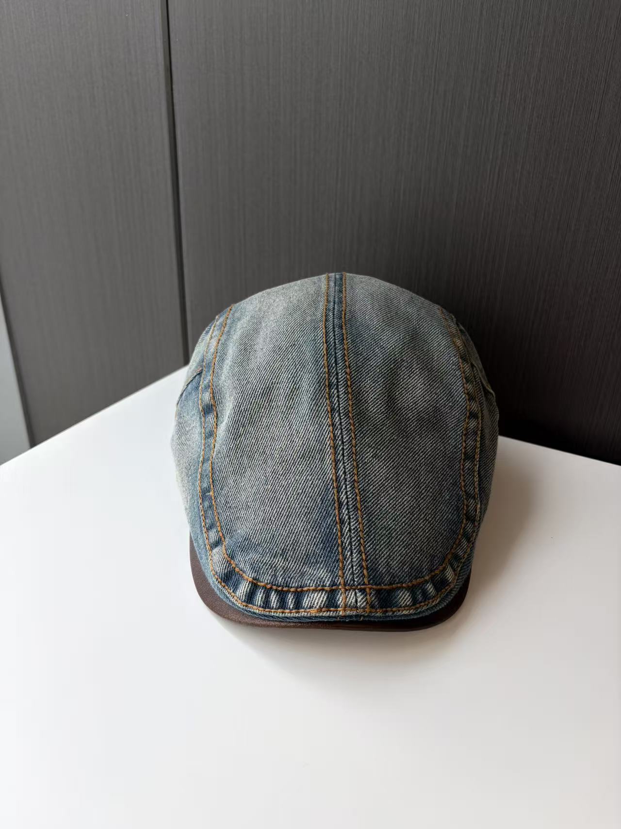 Light Blue Denim Newsboy Cap with Brown Trim