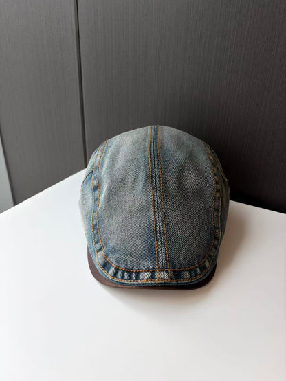 Light Blue Denim Newsboy Cap with Brown Trim