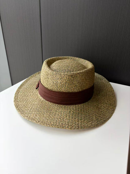 Natural Straw Fedora Hat with Brown Band