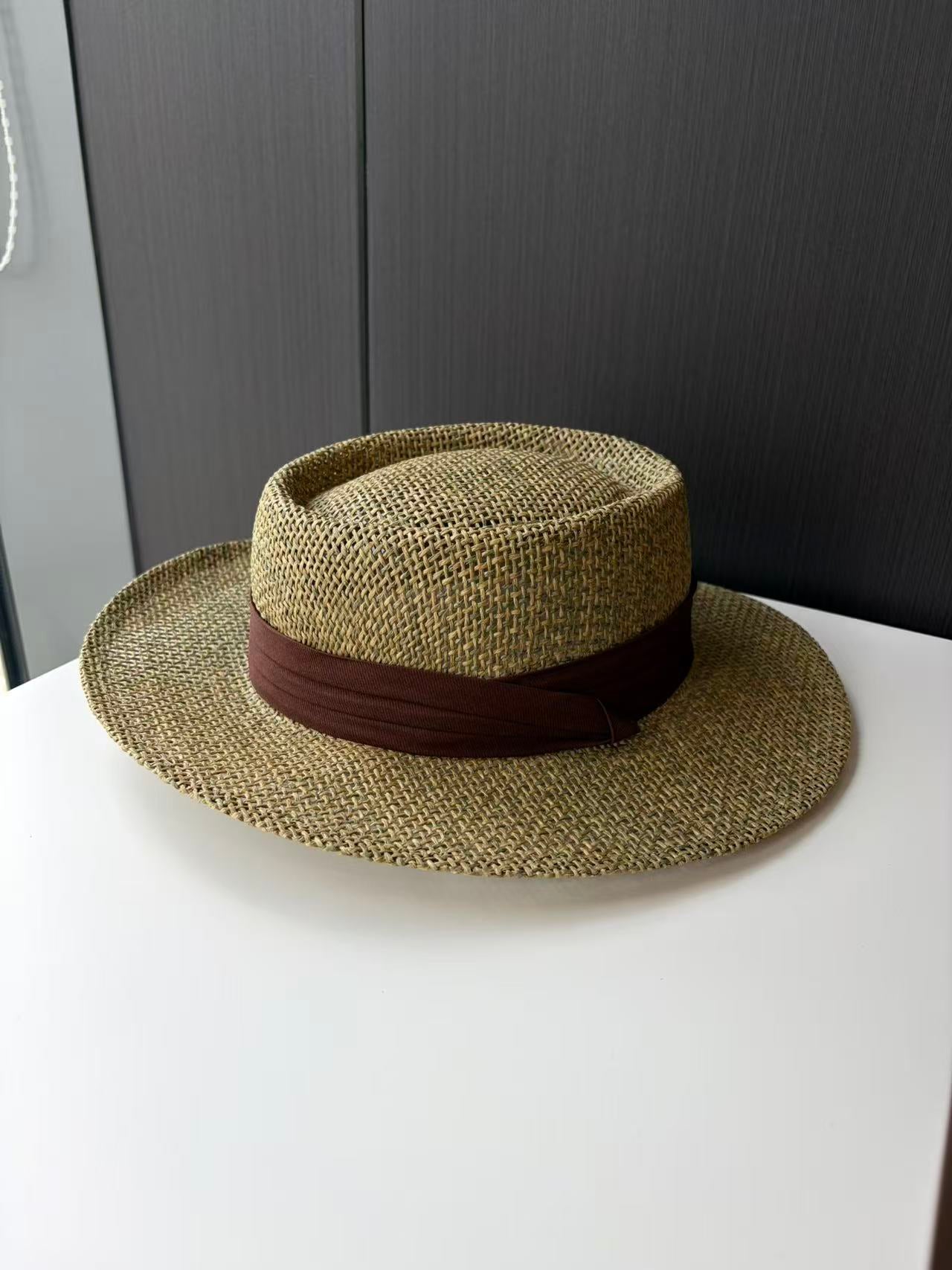 Natural Straw Fedora Hat with Brown Band