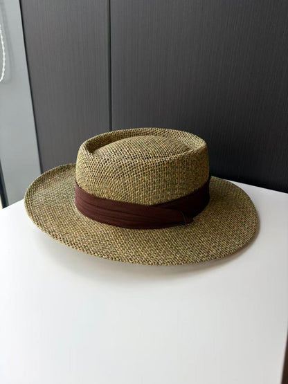 Natural Straw Fedora Hat with Brown Band