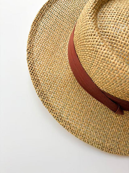 Natural Straw Fedora Hat with Brown Band