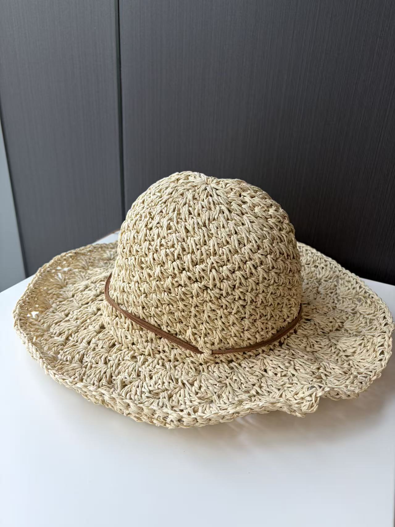 Natural Woven Straw Sun Hat with Cord Detail