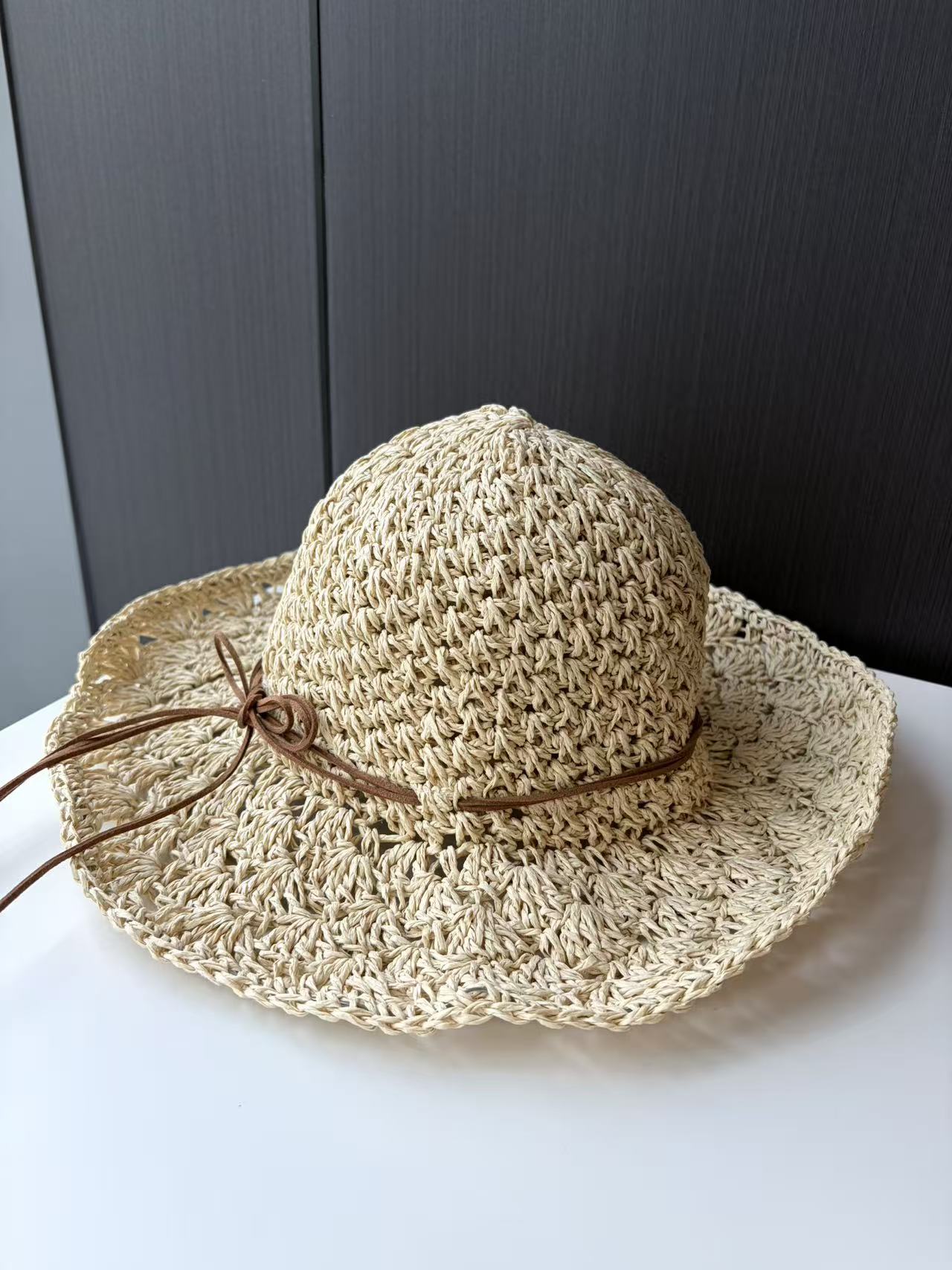Natural Woven Straw Sun Hat with Cord Detail