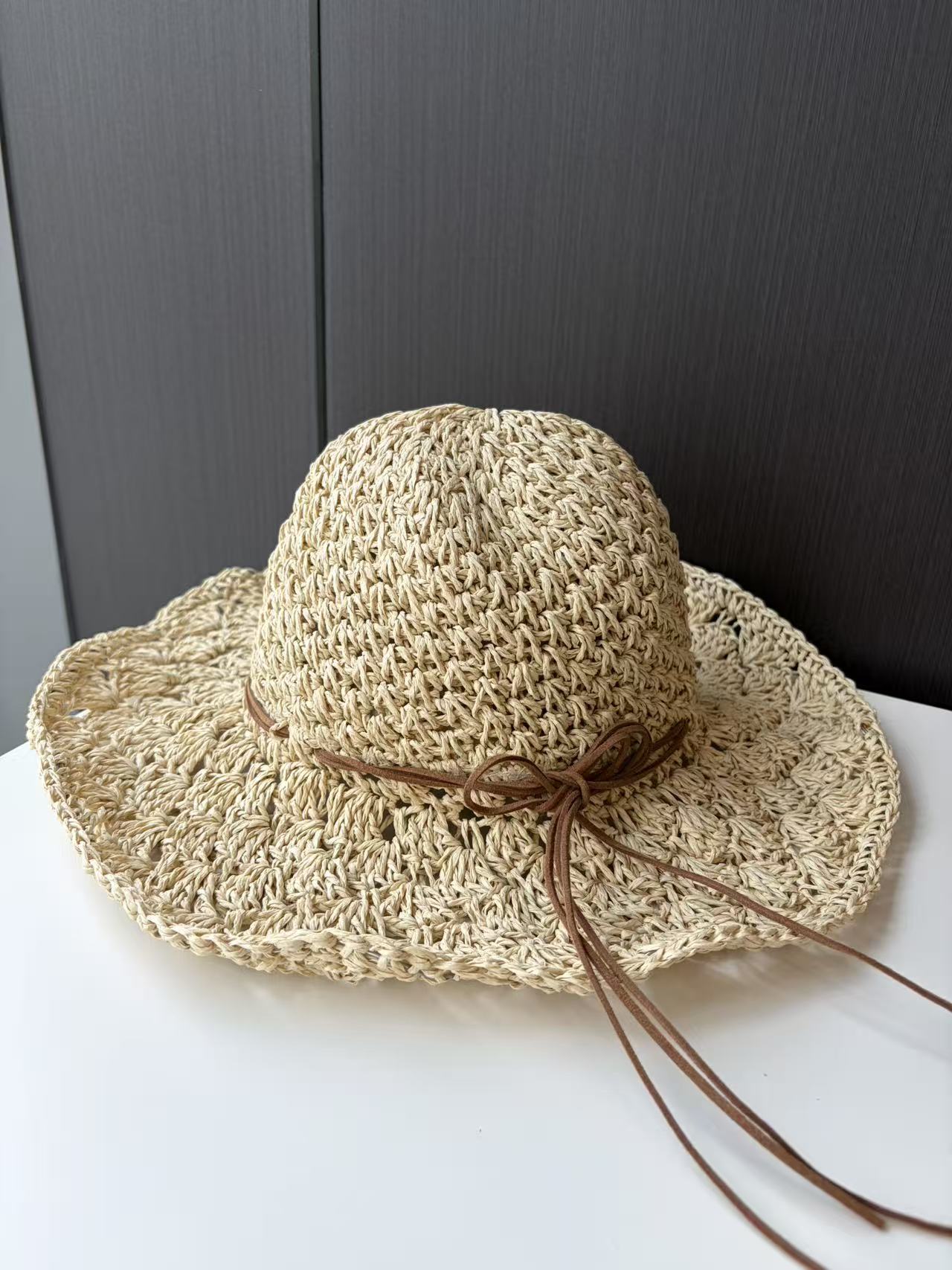 Natural Woven Straw Sun Hat with Cord Detail