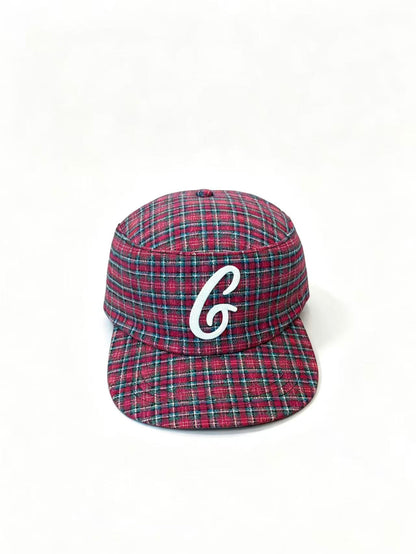 Red Plaid Flat Brim Cap with Embroidered Logo