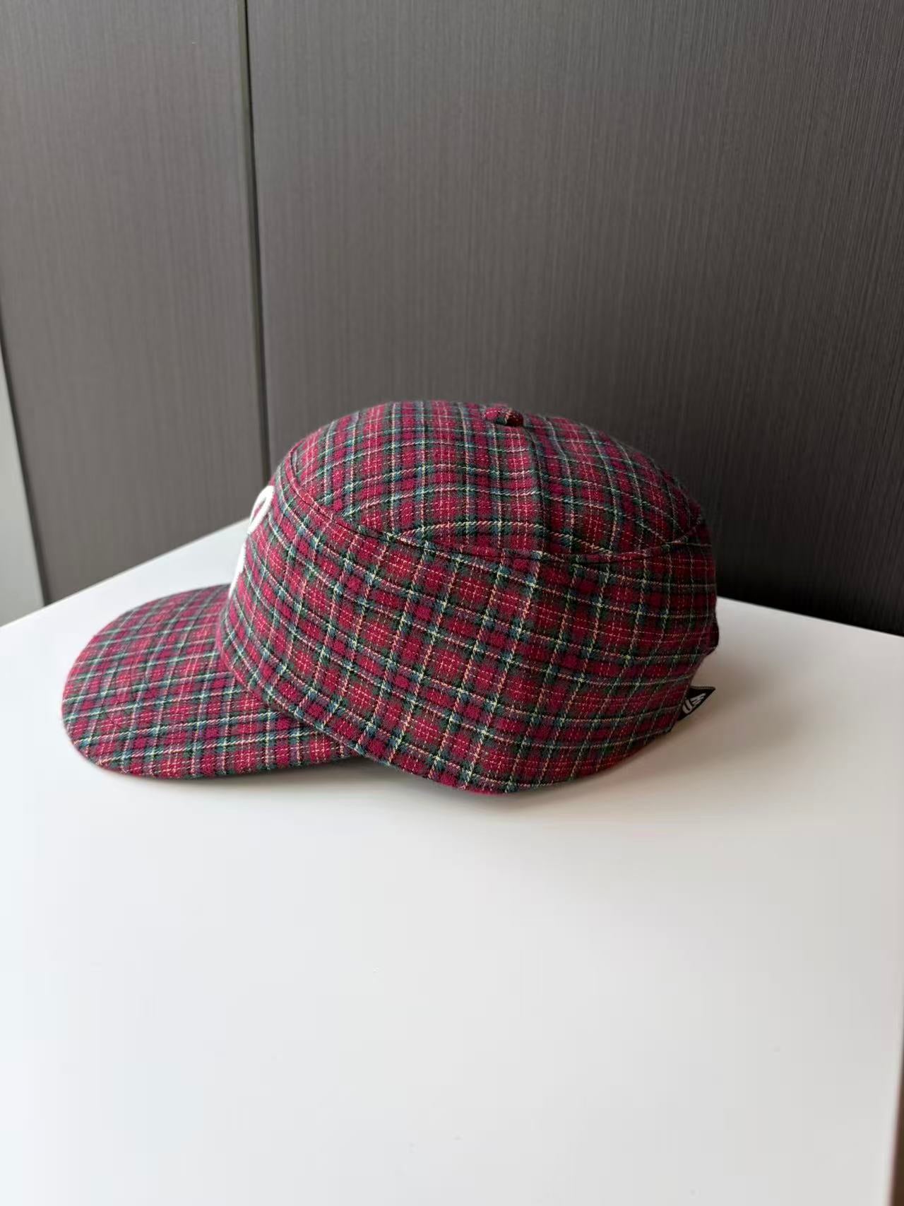 Red Plaid Flat Brim Cap with Embroidered Logo