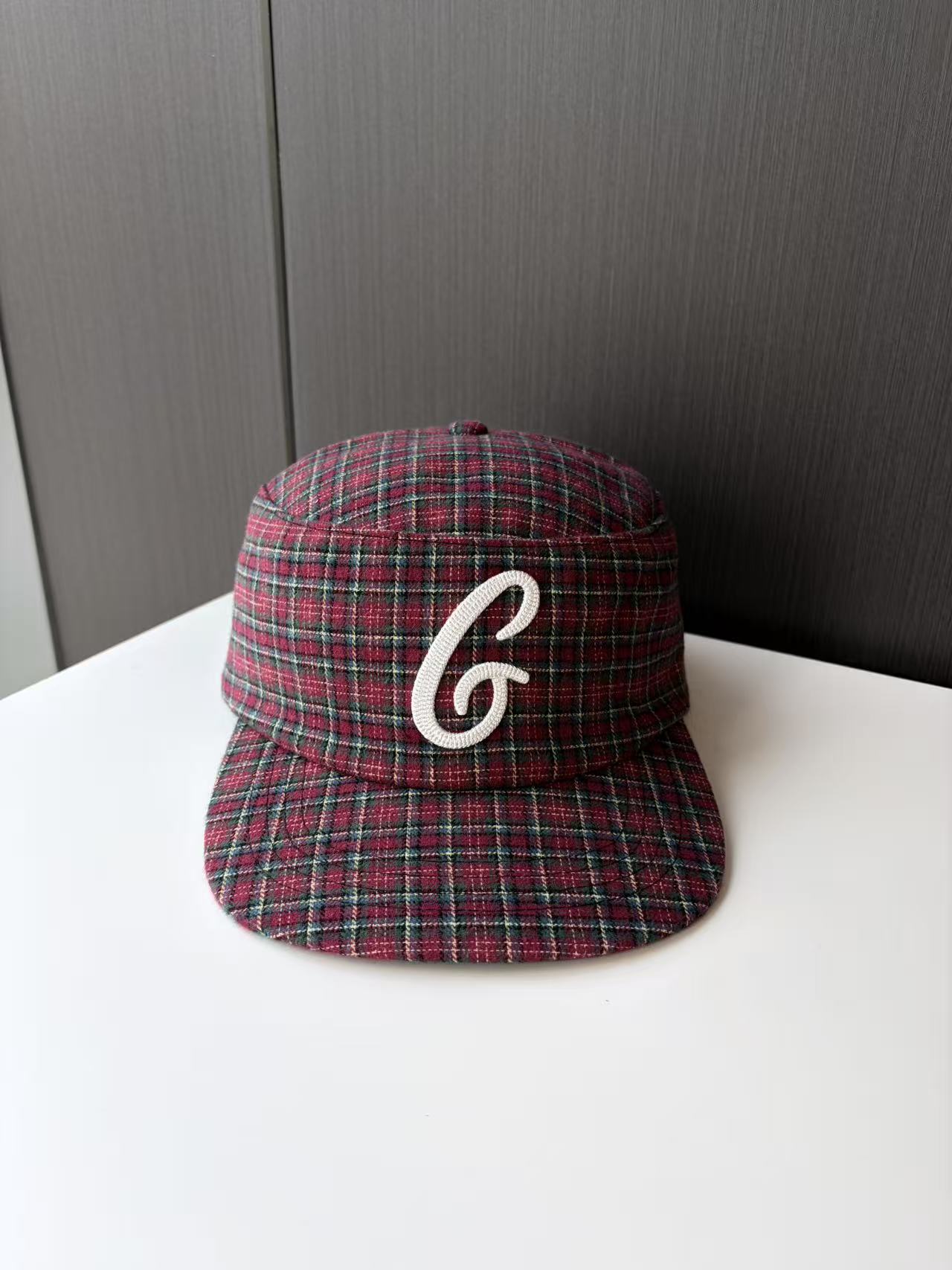 Red Plaid Flat Brim Cap with Embroidered Logo