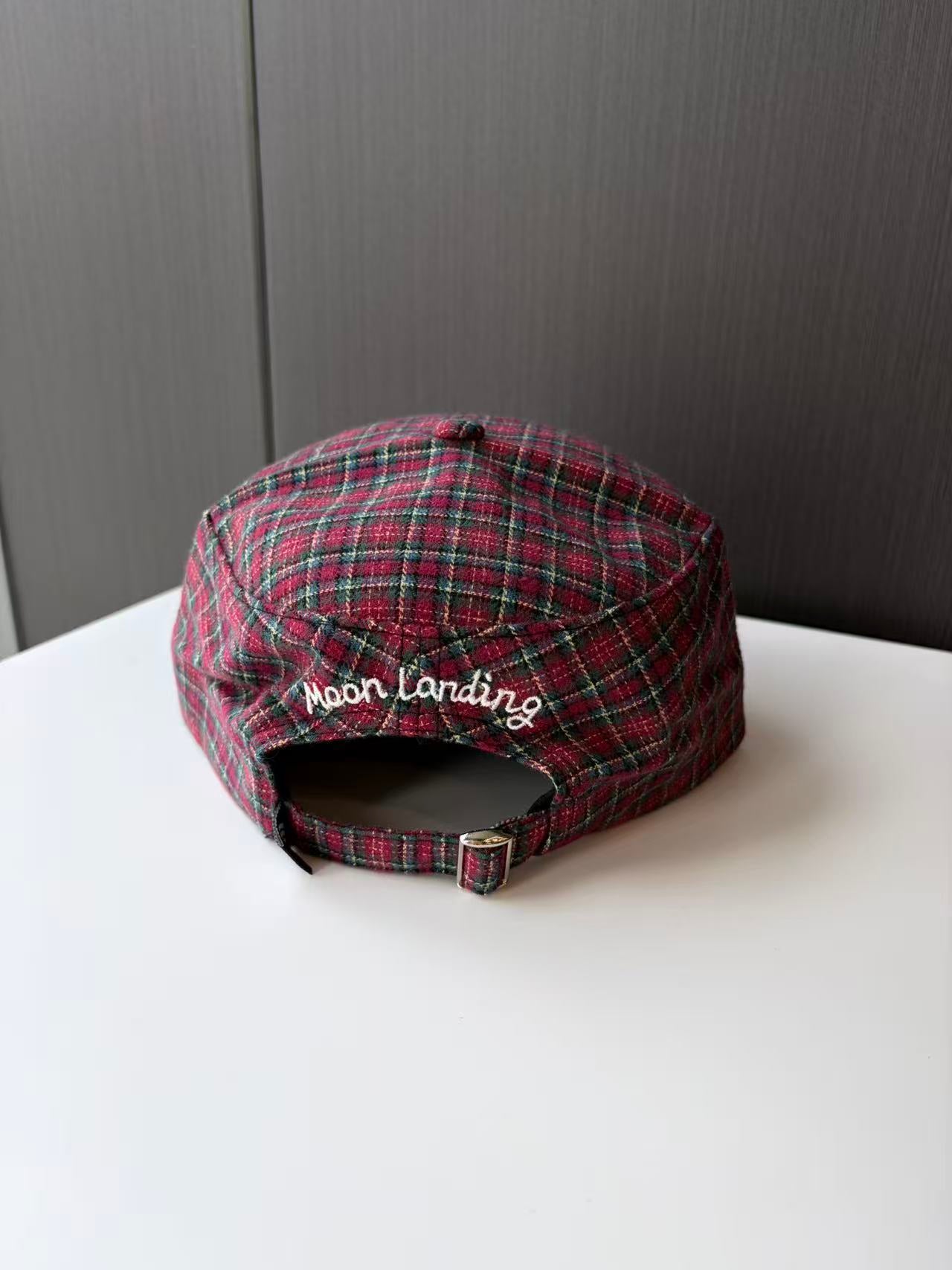 Red Plaid Flat Brim Cap with Embroidered Logo