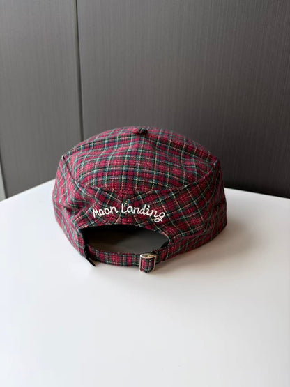 Red Plaid Flat Brim Cap with Embroidered Logo