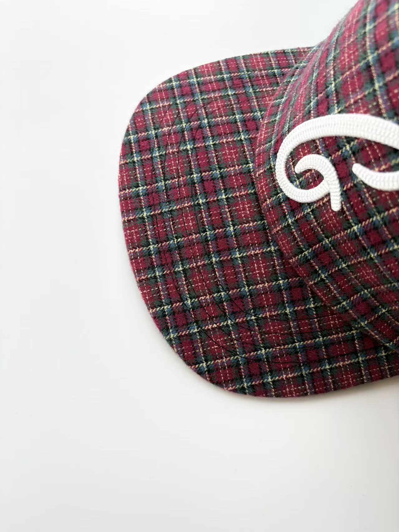 Red Plaid Flat Brim Cap with Embroidered Logo