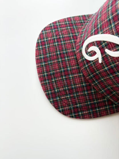 Red Plaid Flat Brim Cap with Embroidered Logo